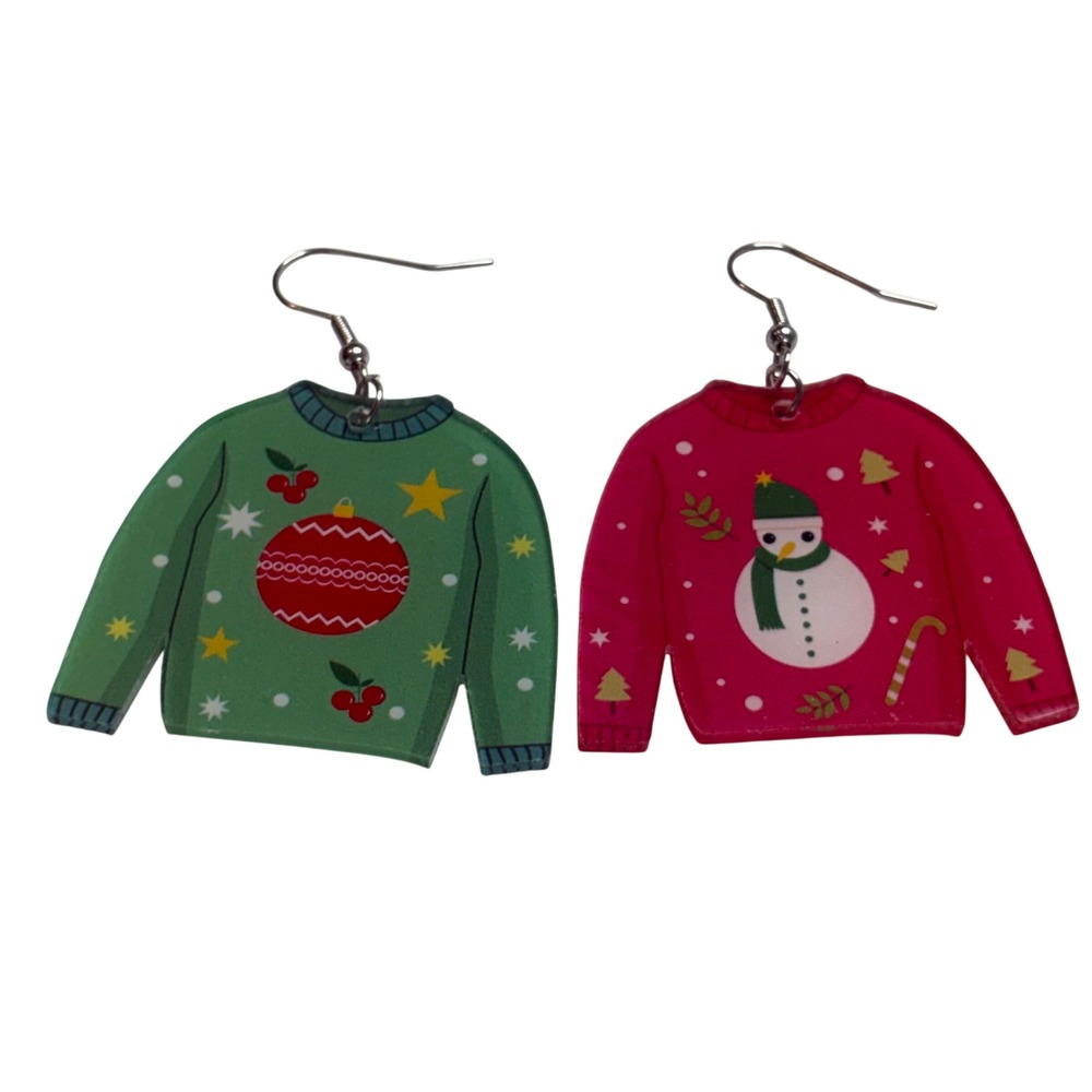 Boutique Ugly Christmas Sweater Earrings Women Red Green‎ Snowman Festive Kitsch